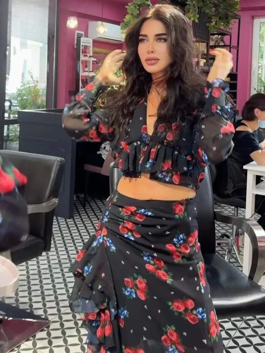 

Summer For Women Fashion Ruffled Long Sleeve Crop Shirts And Side Slit Floor-Length Skirts Set Elegant Black Print Two Piece Set