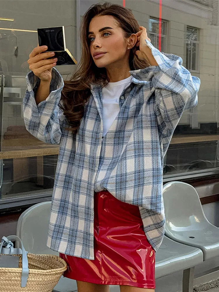 

Женская свободная рубашка-пальто в клетку с отложным воротником и пуговицами, осенняя, повседневная, с длинным рукавом, уютная, винтажная, цвет хаки, уличная одежда
