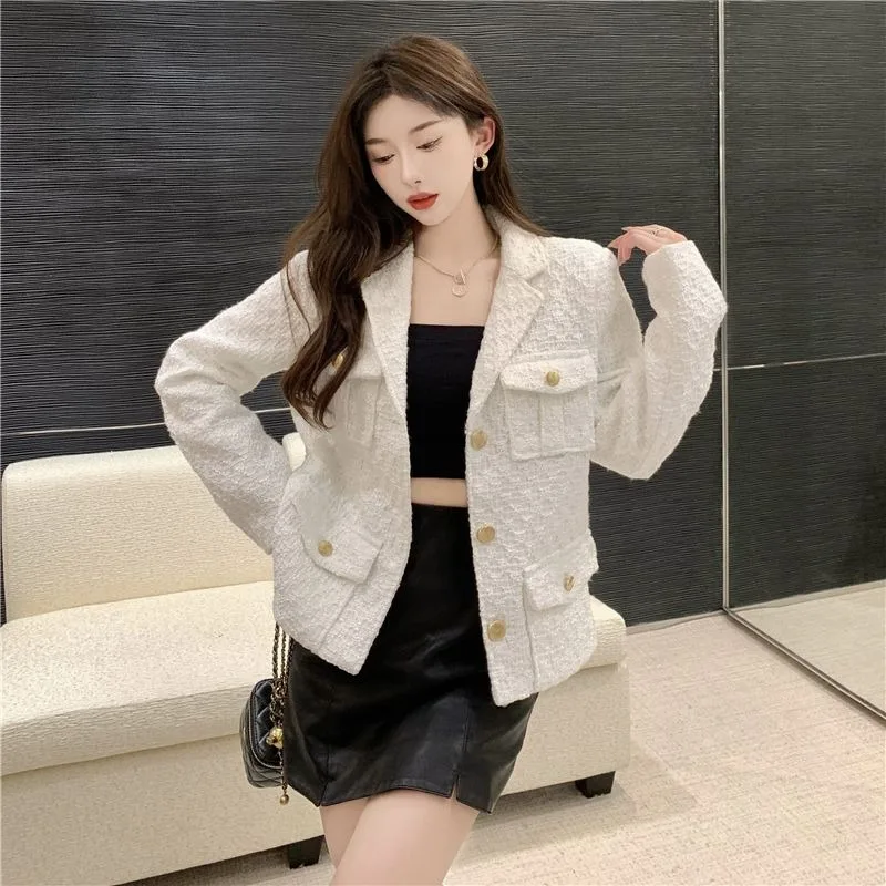 White Blazer Women's Spring Autumn New 2026 Korean Version Of Casual Fashion High-End Temperament Celebrity Top tweed Outcoat