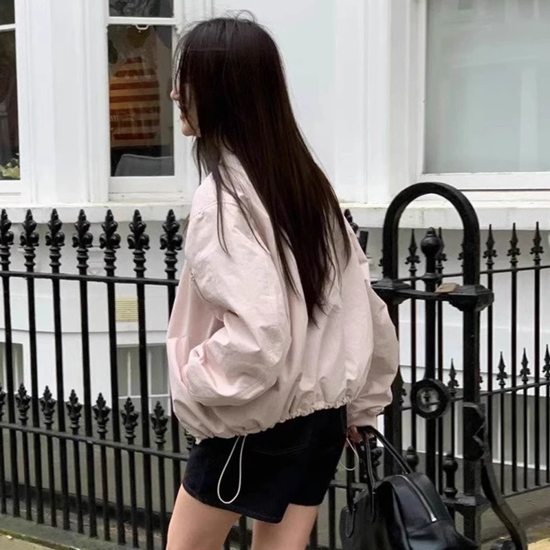 

Chic Autumnal Loose Fit Long Sve Baseball Jaet ort Outerwear Women's Zipper ket Design Casual Comfortable Coat