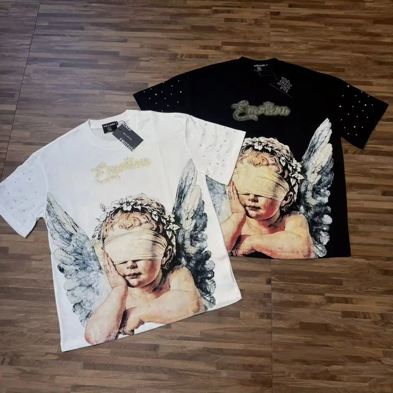Mixed Emotion American Trendy Brand Angel Print T-Shirt Cotton Loose Fit Short Sleeve High Street Style Youthful Popular City...