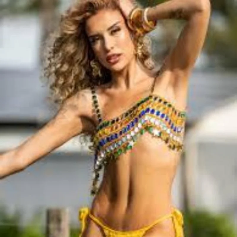 Buntes Damen-Cami-Top mit Strass-Kette, Sternen-Quasten-Body-Kette, ärmelloses Neckholder-Crop-Top, Strand-, Rave-, Festival- und Party-Crop-Top – Detail 3