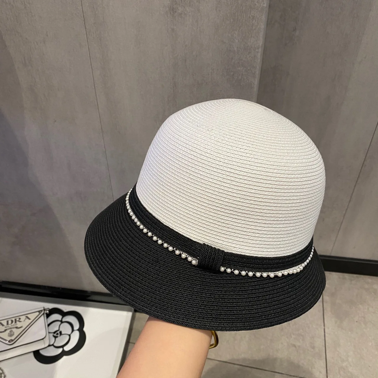 Straw Hat Mountain Camellia Black and White Pearl Straw Weaving Fisherman Hat Fashion Women\'s Summer Sunscreen Straw Hat