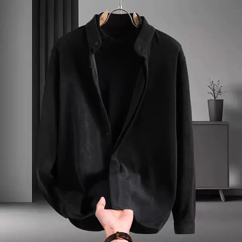 

Men's Black Corduroy Long Sleeve Shirt Stand Collar Casual Loose Button-Down Blouse