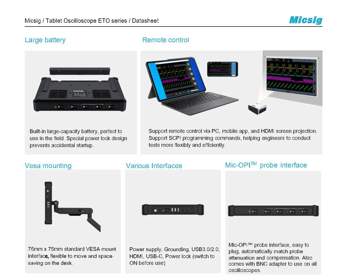 Micsig Digital Tablet Oscilloscope ETO Series ETO5004/ETO3504 Bandwidth 500MHz  Sampling Rate 3GSa/s  Memory Depth 360Mpts 4ch