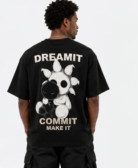 Black Back Print T-shirt Unisex Retro Cartoon Doll Graphic Tee Summer Loose Short Sleeve Streetwear Inspirational Text Tops