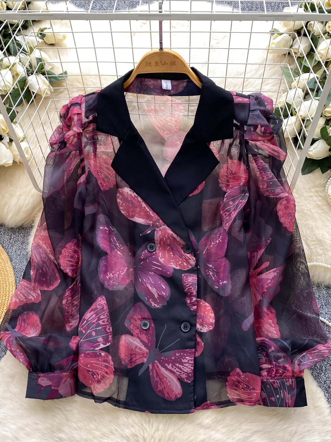 

2026 New Autumn Women Vintage Suit Collar Long Sleeve Butterfly Printing Mesh Shirt Double Breasted Thin Shirt Tops