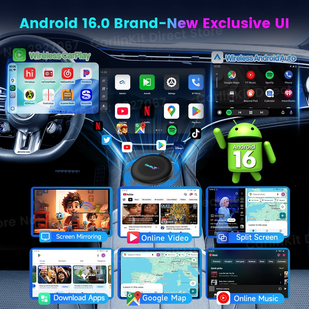 CarlinKit Android 16 TV Box Ultra 2 CQ4390M 8GB 128GB CarPlay Ai Box 5G 4G LTE Wireless Android Auto Online Video Streaming Box