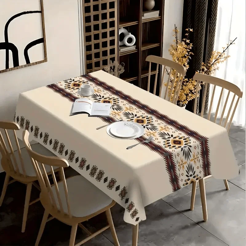 1pc Bohemian Style Tablecloth Cream White Geometric Floral Print Table Cover For Dining Room Kitchen Decorative Dustproof Dustp