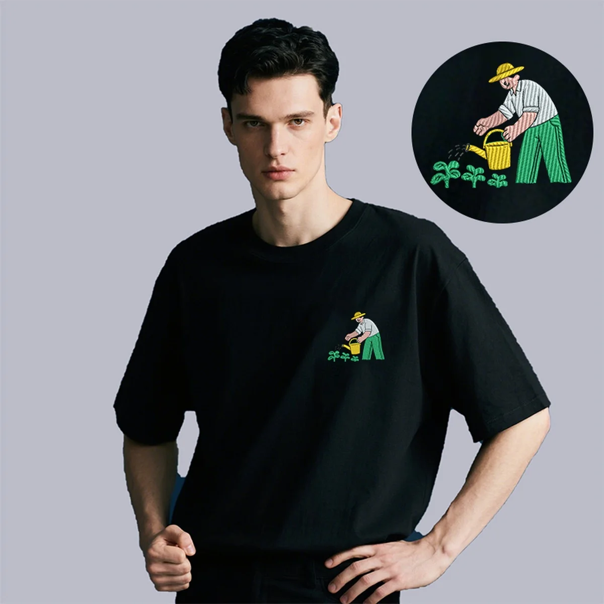 

Watering Farmer Vibe Y2K Men & Women’s Embroidered T-Shirts – Retro Cotton T-Shirt with Soft Embroidery for Casual Outings