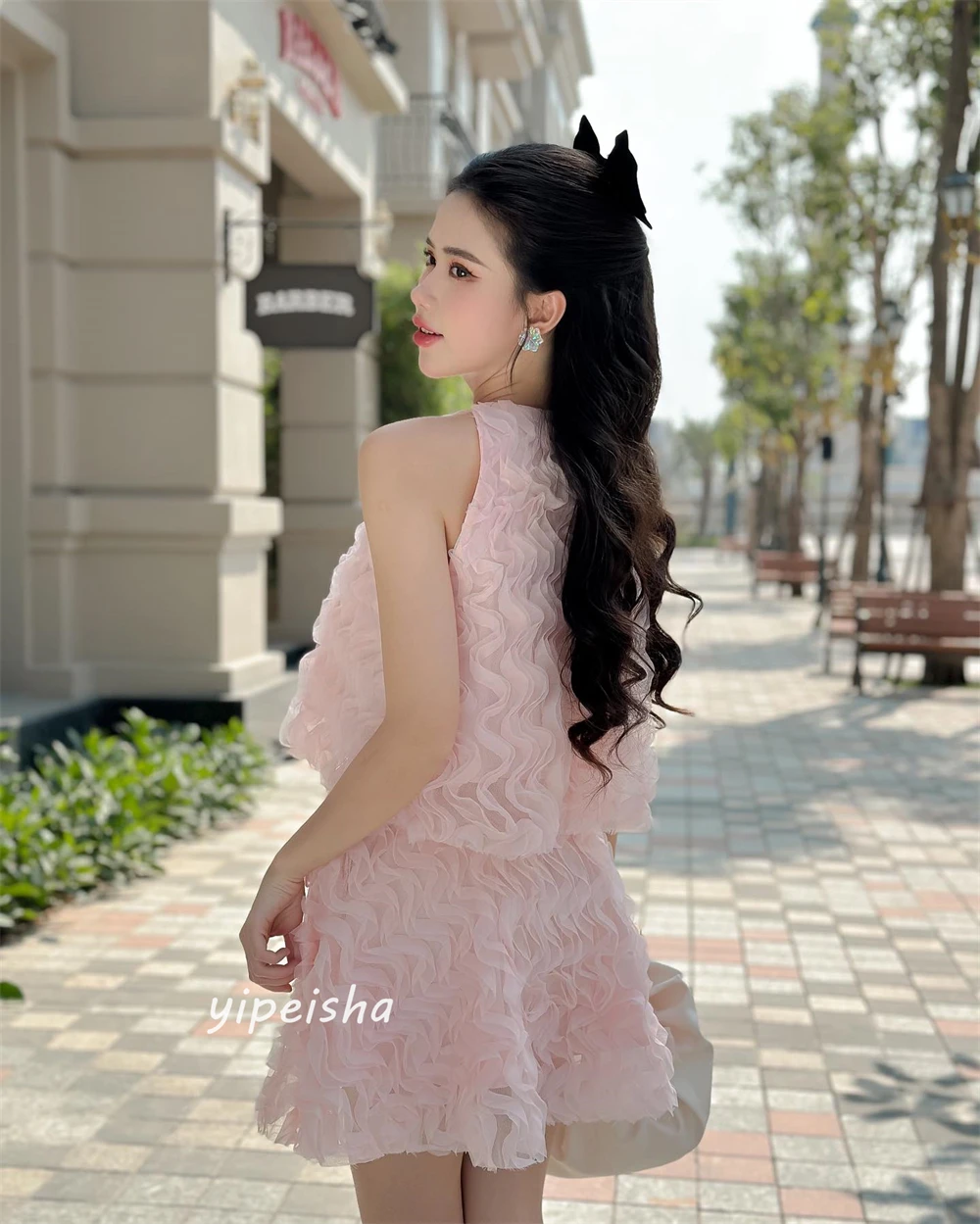 Organza Pleat Valentine's Day A-line O-Neck Bespoke Occasion Dresses Knee-Length