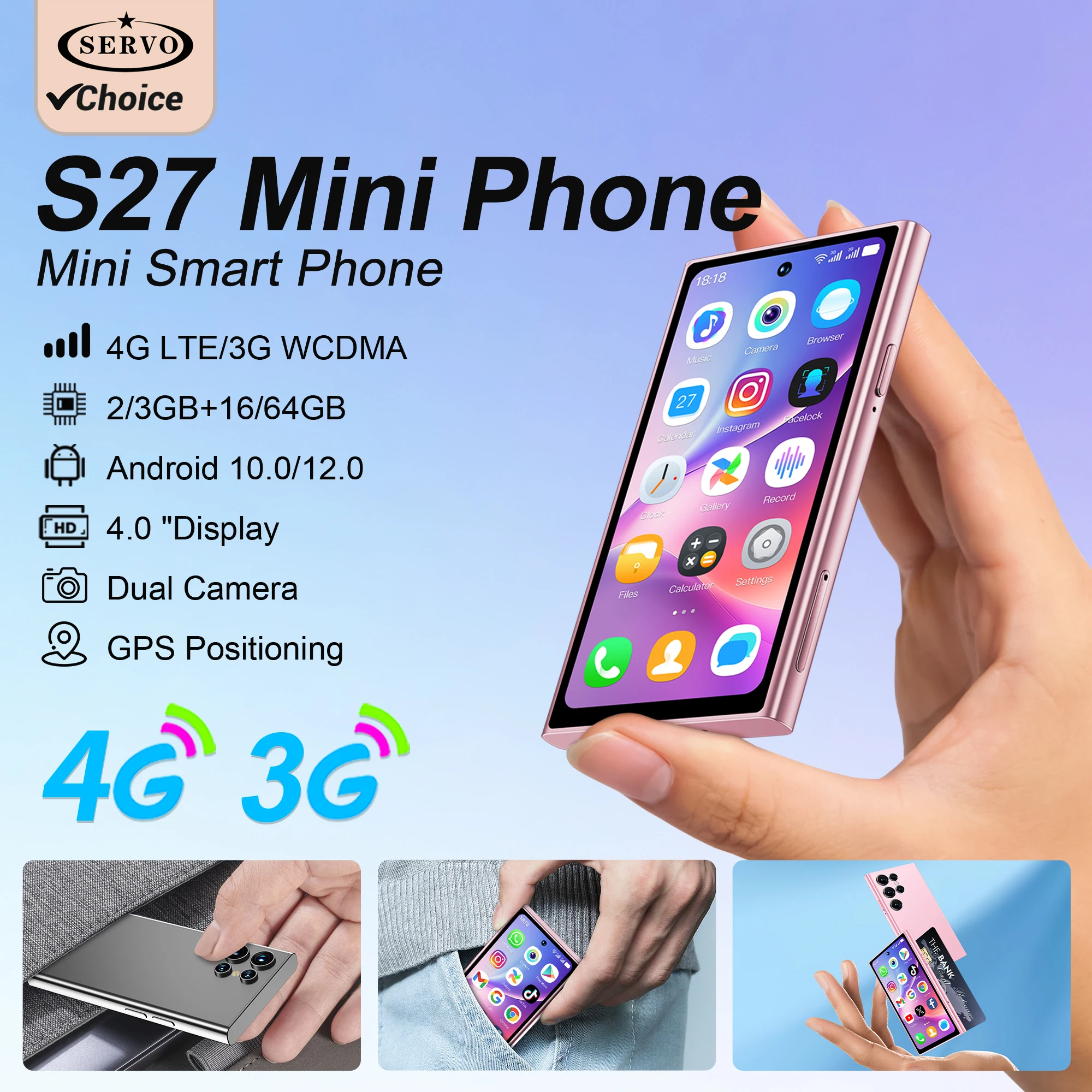 SERVO S27 Mini 3G/4G Mini Mobile Phone Dual SIM 3GB+64GB Face Unlock Play Store GPS WiFi 4.0