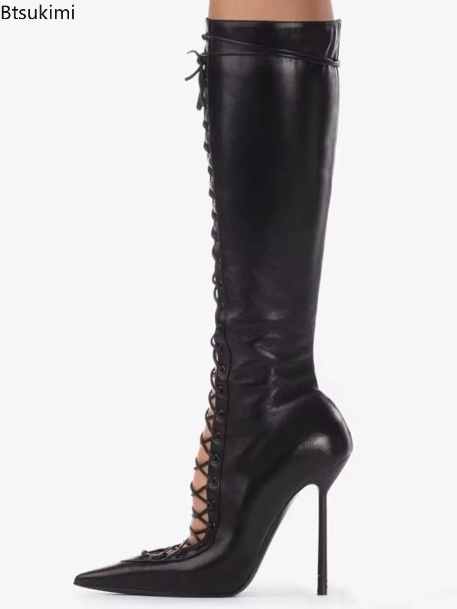 New 2025 Women's Spring Summer Lace Up Short Cool Boots Side Zipper Banquet Slimming High Heels Sexy Knee Length Ladies Boots