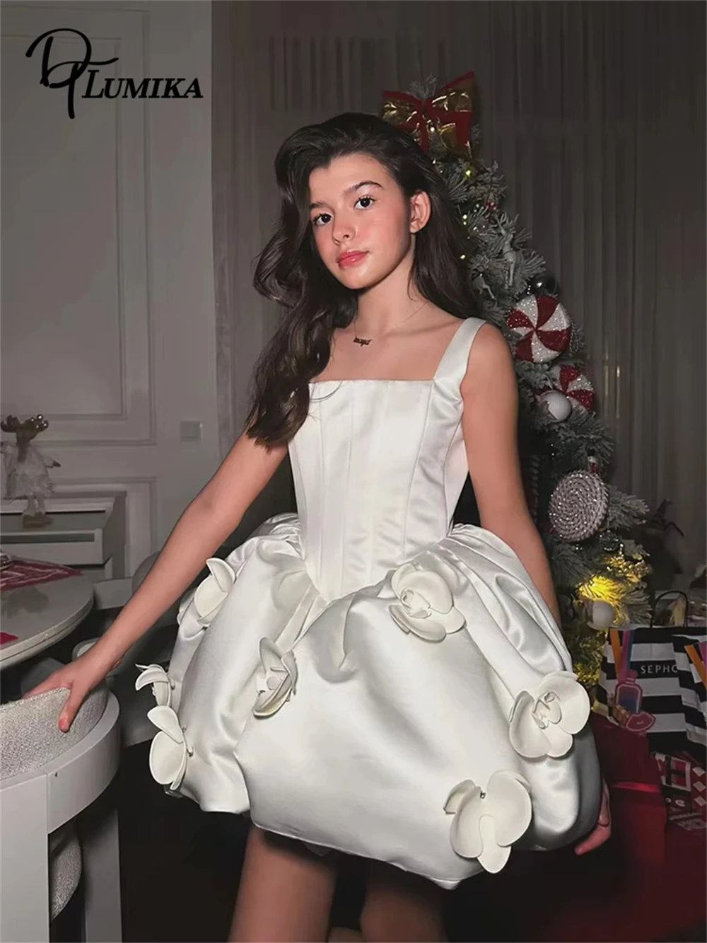 Vestido de Festa Curto Floral 3D DTLumika para Mulheres, Vestido de Noite com Decote Quadrado e Saia Godê, Vestido Mini para Coquetel e Balada