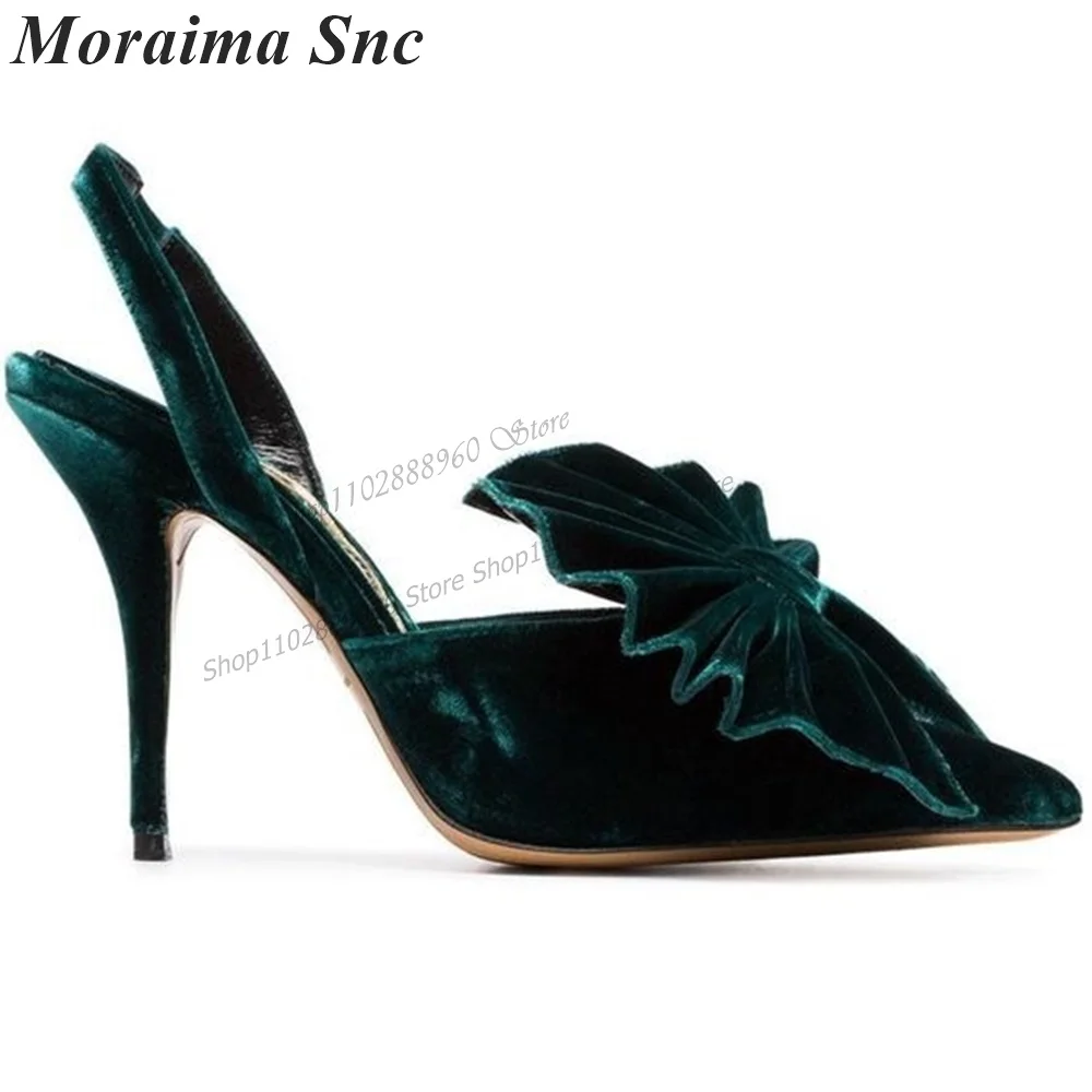 Graceful Dark Green Suede Bow Knot Decor Sandals Thin High Heel Women Shoes Back Strap Pointed Toe 2023 Sexy Zapatos Para Mujere