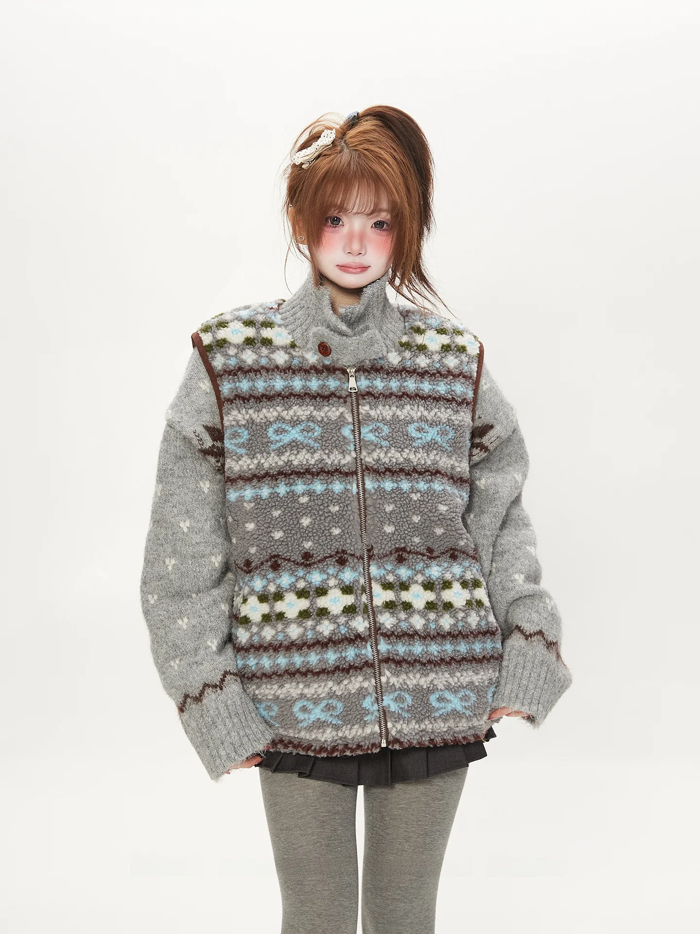 

Женский жилет из искусственного меха под овчину в стиле ретро, весенне-осенний, корейский стиль, универсальный, многослойный, с узором Fair Isle, плюшевый