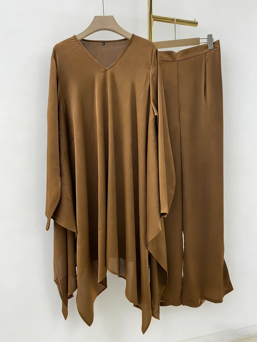 VGH Stylish Oversized Asymmetrical Two Piece Set for Women V Neck Flowy Tunic Top Wide Leg Pants Outfits for Business Meetings