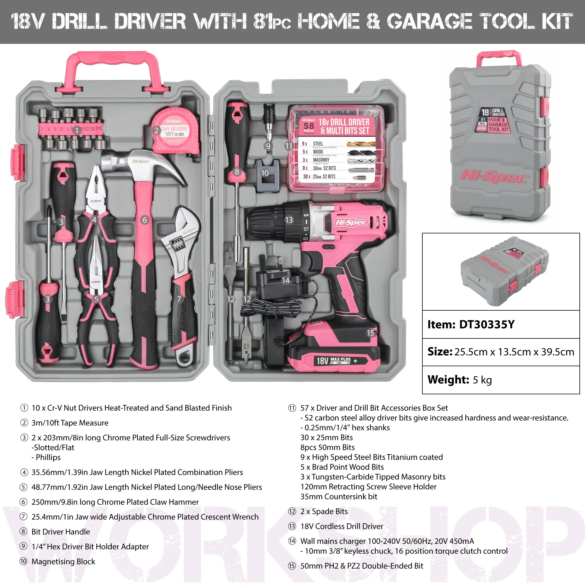 Hi-Spec Tool kit Set Pink Screwdriver Cordless Drill Professional Maintenance Tools Set Combination Mixed Plastic Storage