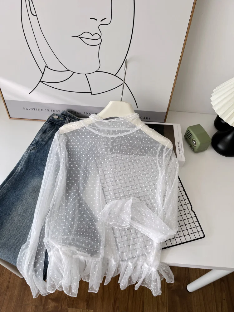 Korean Style Versatile Polka Dot Lace T-shirt Half High Collar Basic Shirt Women's Spring 2026 New Semi Transparent Top Trend