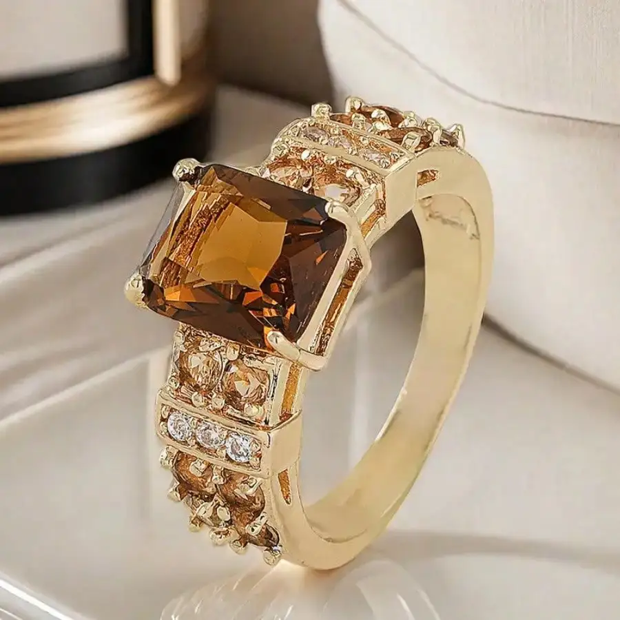 Elegant 14K Gold Plated Copper Ring, Inlaid With Shiny Cubic Zirconia, Square Design - Perfect For Wedding, Engagement, Anniversary, Valentine's Day Gift, Luxurious Style, Party Accessory,Mom,Mother,Mother's Day,Gift，sj25012173852085850
