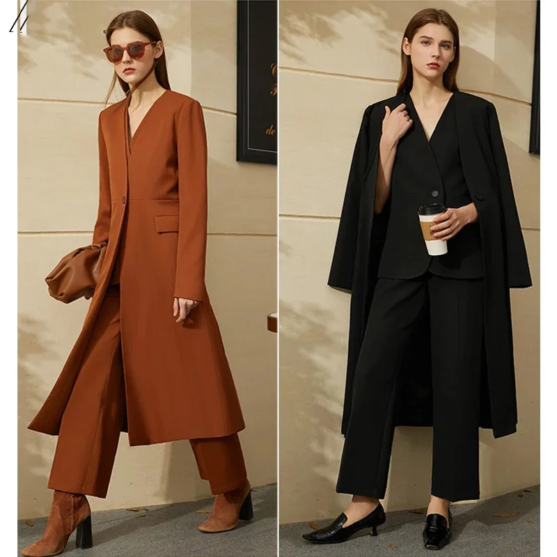 High Quality Elegant Women Suits Single Breasted Solid Color Long Blazer Formal Business Office 3 Piece Jacket Pants Vest Set