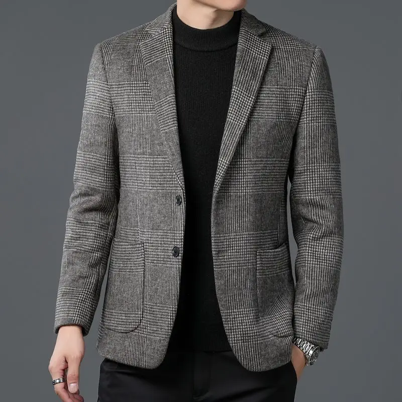 2023 Autumn Winter Men Classic Plaid Sheep Wool Blazers Male Grey Coffee Checked Pattern Cashmere Blended Suit Jackets Outfits