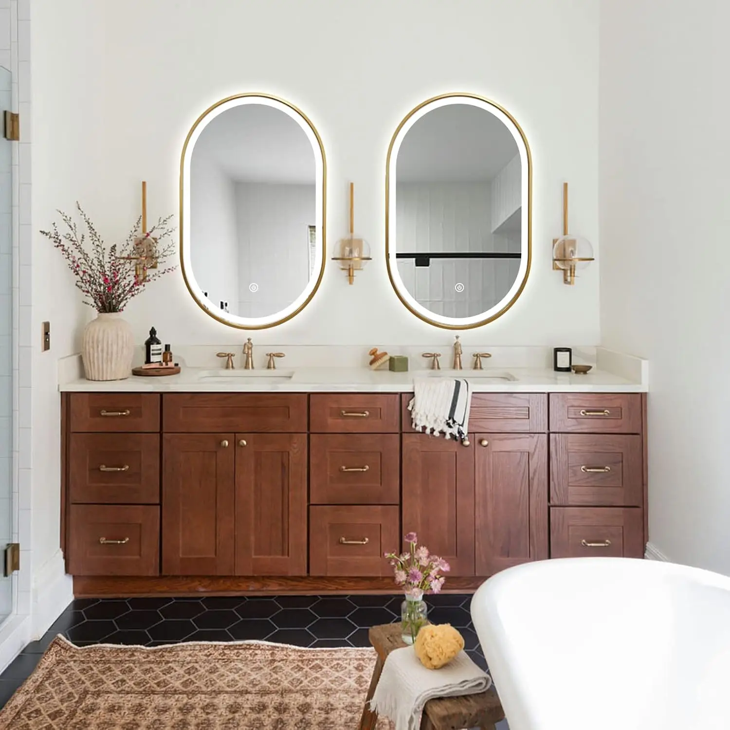 Bathroom Application, Tempered Glass, Gold Oval LED Mirror with Anti - Fog, 3 - Color Dimmable, Frontlit & Waterproof