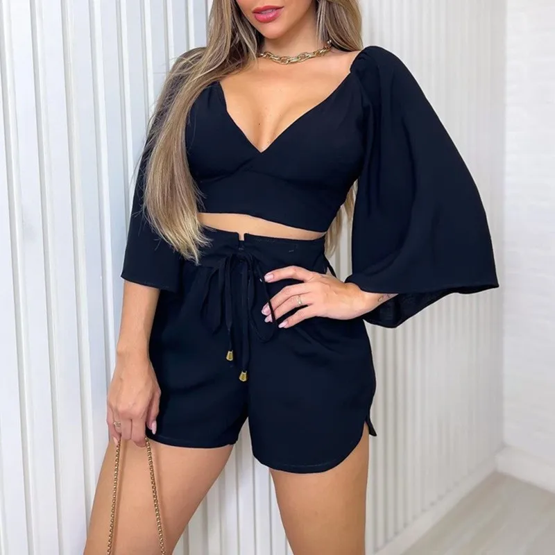 2024 Summer Fashion Solid Two Piece Sets Outfit Women\'s Sexy Backless Lace Up V Neck Flare Sleeve Shirt Tops + Loose Shorts Set