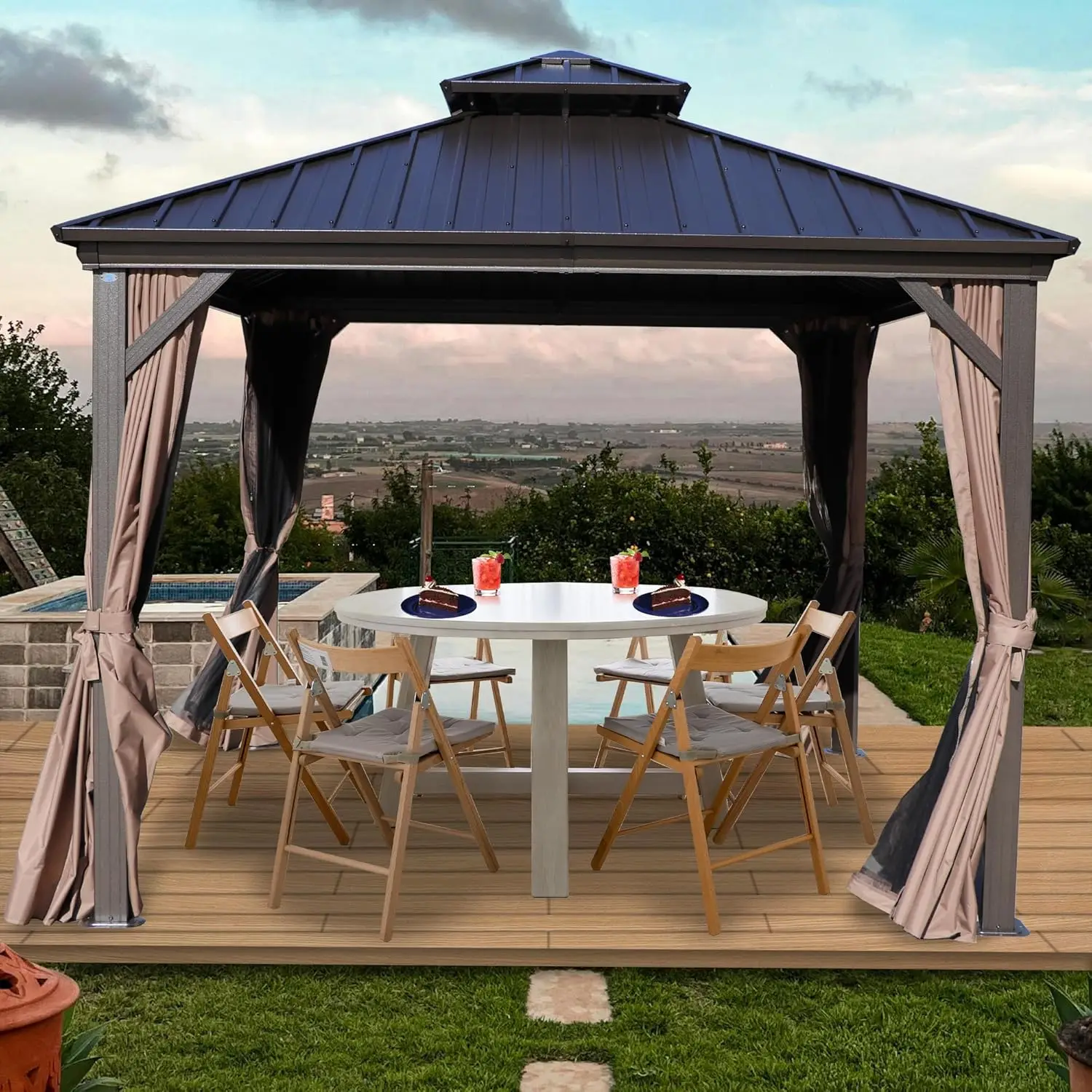 10'x10' Hardtop Gazebo Permanent Metal Pavilion with Netting and Shaded Curtains for Patio Backyard Deck Outdoor Aluminum Canopy