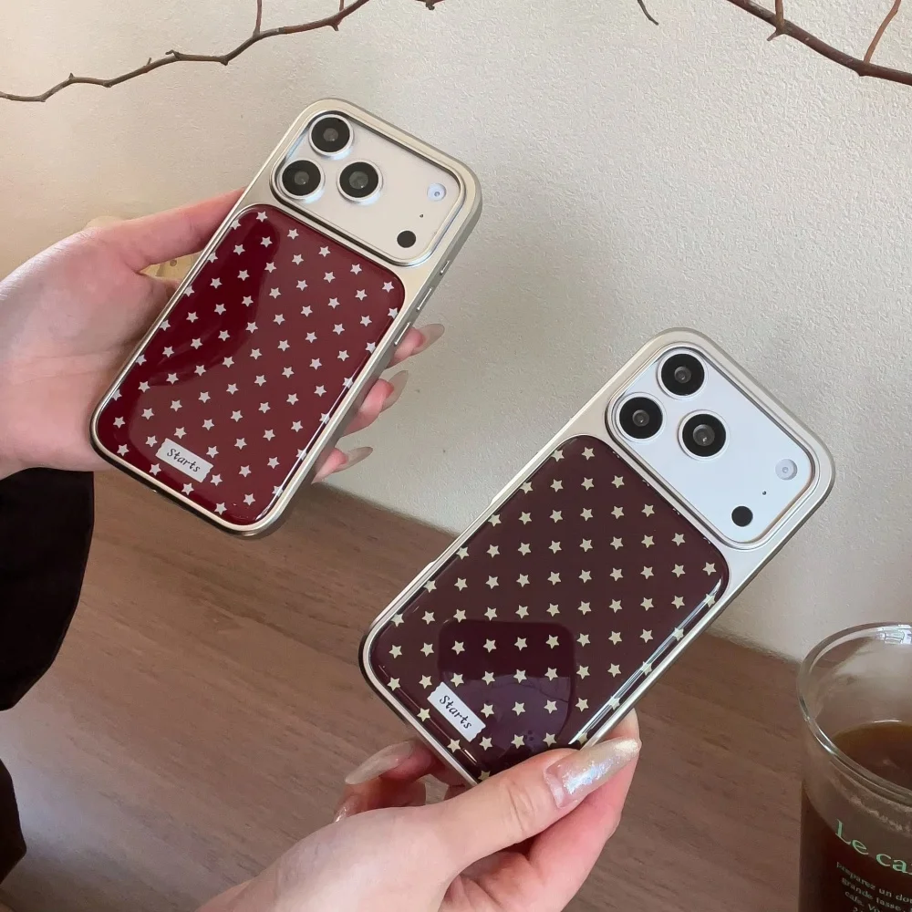 

Wine Red & Brown Star Pattern Phone Case for iPhone 17 16e 16 15 14 13 12 11 Air Pro Max 8 7 Plus Luxury Clear Soft Back Cover