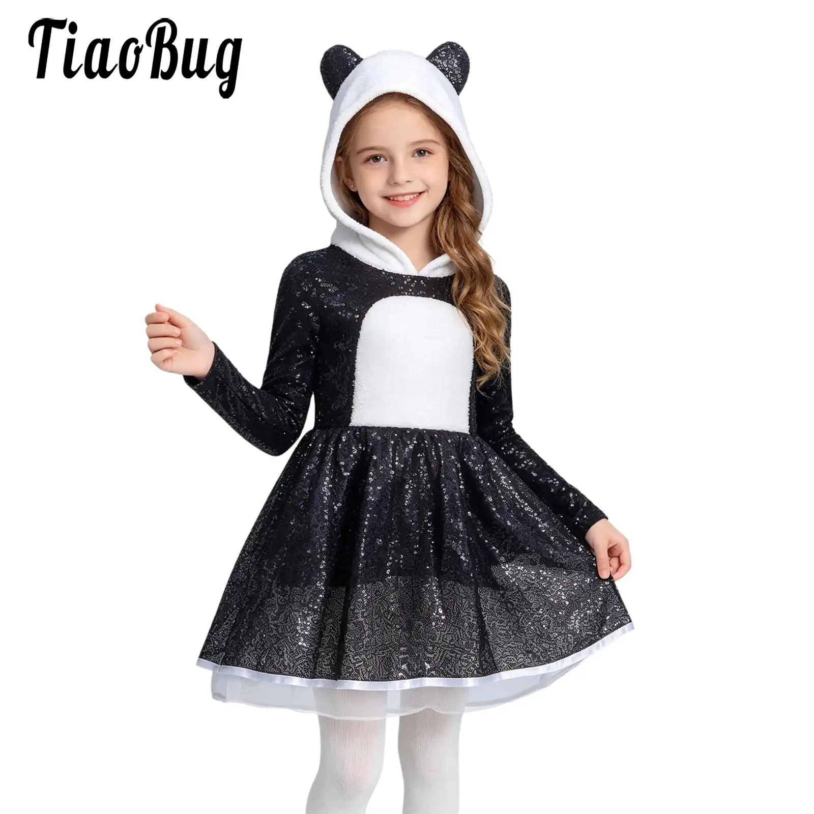 

Kids Girls Shiny Sequins Panda Tutu Dress Dancing Dress-up Clothes Long Sleeve Zipper Hooded Dress for Theme Party Performance