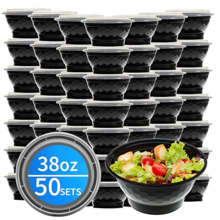 

Meal Prep Bowls Containers, 50 Sets 38oz 100-Piece Plastic Bowls with Lids for Soup Salad, Disposable To Go Food Storage Contai
