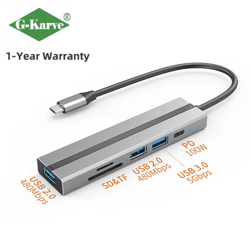 PD100W Fast Charging USB C Hub 3x USB 3.0 SD/TF Card Reader PD Port Mac Book De ll for Laptops Camera Use Pure Copper