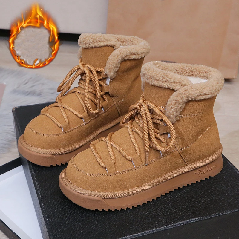 Ladies Winter Boots Warm Fur Inside Fashion Solid Khaki Color Woman Fashion Designer Suede Leather Shoes Lace-up Shoes Outdoor