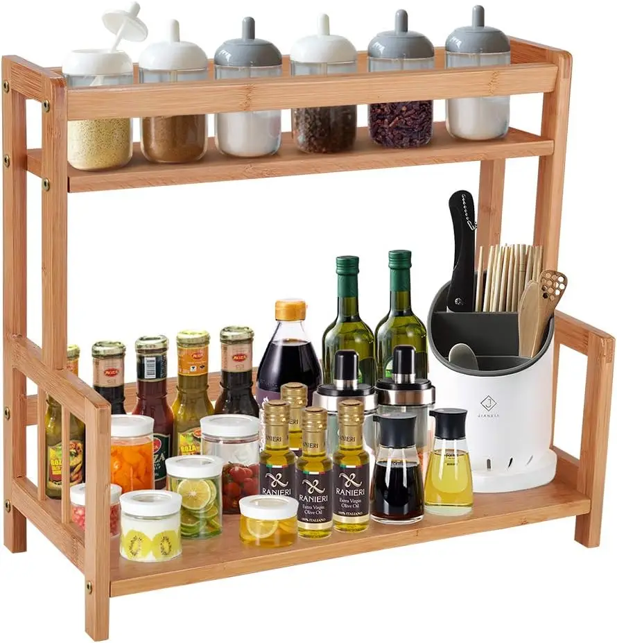 

Kitchen Countertop Organizer Bamboo Spice Rack - Coffee Station Organizer Countertop Shelf 2 Tier Storage Stand, Vintag