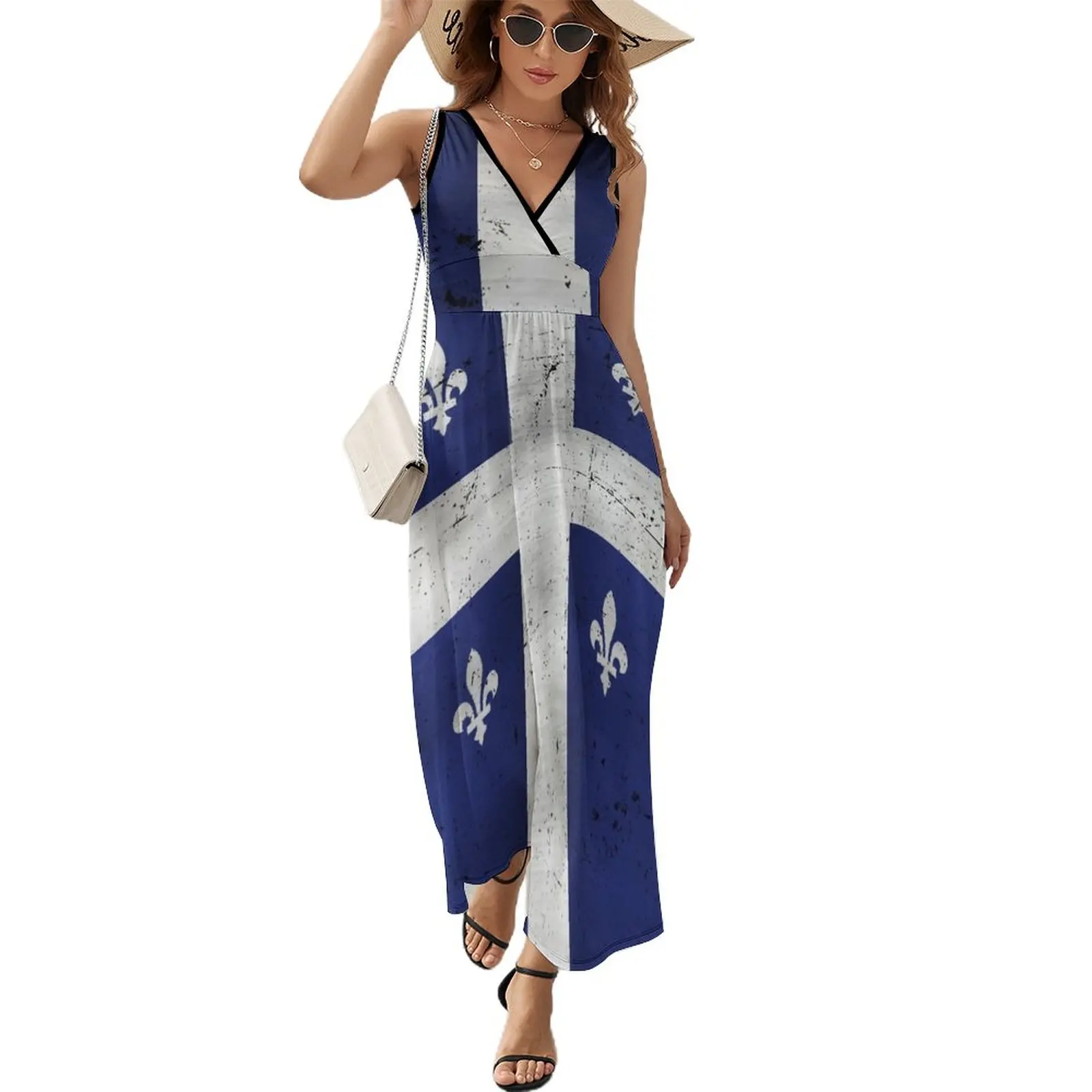 

Quebec flag grunge style Drapeau Patriote du Québec HD HIGH QUALITY ONLINE STORE Sleeveless Dress Evening gown