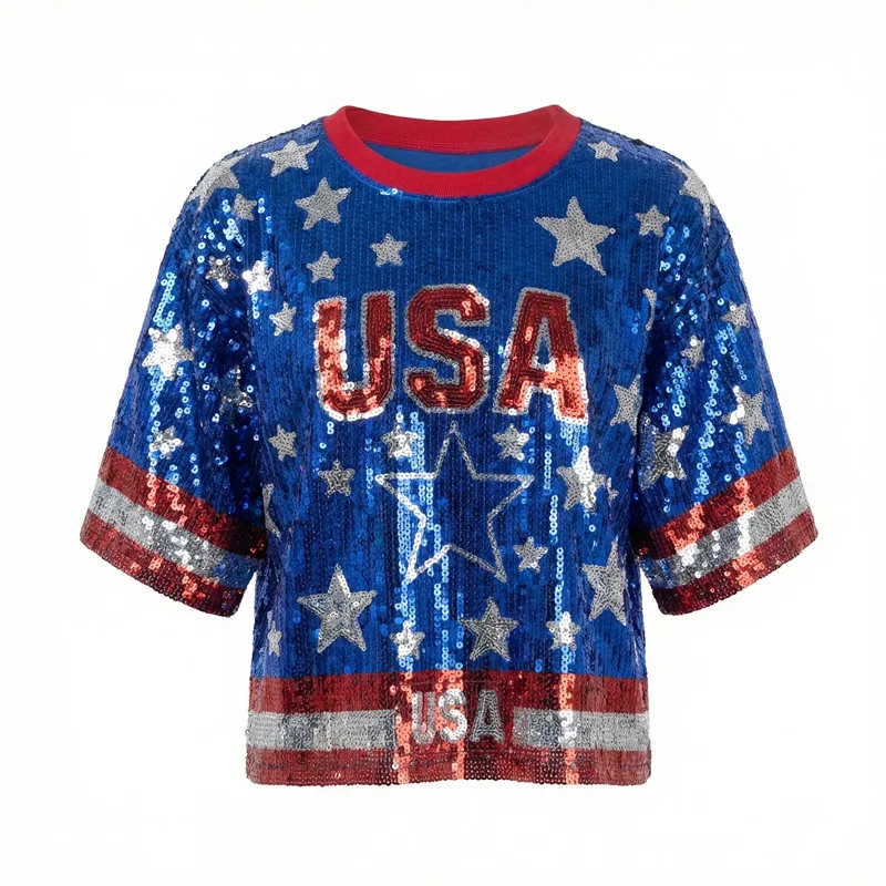 Summer New Fashion Sparkling Sequin Women Short T-shirt Simple Round Neck Female Casual Loose Tops