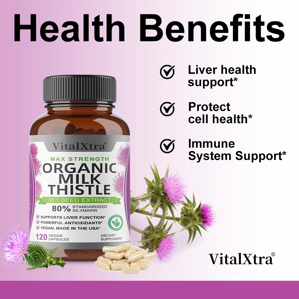 

Organic Milk Thistle Supplement - 80% Milk Thistle Extract, Liver Cleansing and Detoxification, Supports Liver Health
