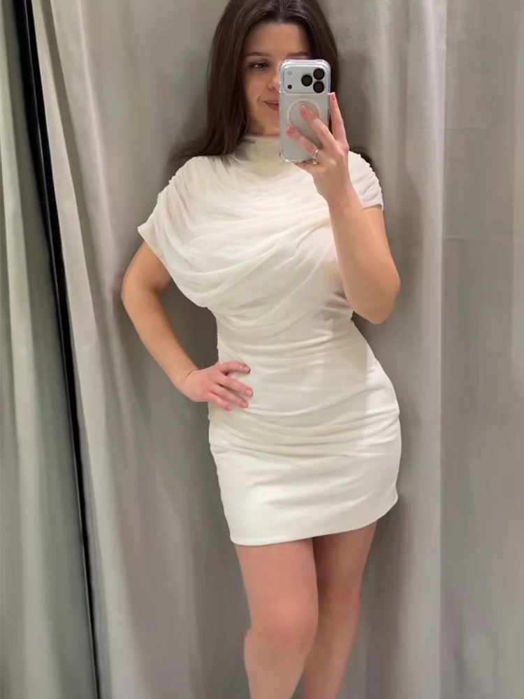 Tfmln elegante sólido emendado mini vestidos para mulheres o pescoço sem mangas em camadas decoração alta rua temperamento vestido fino