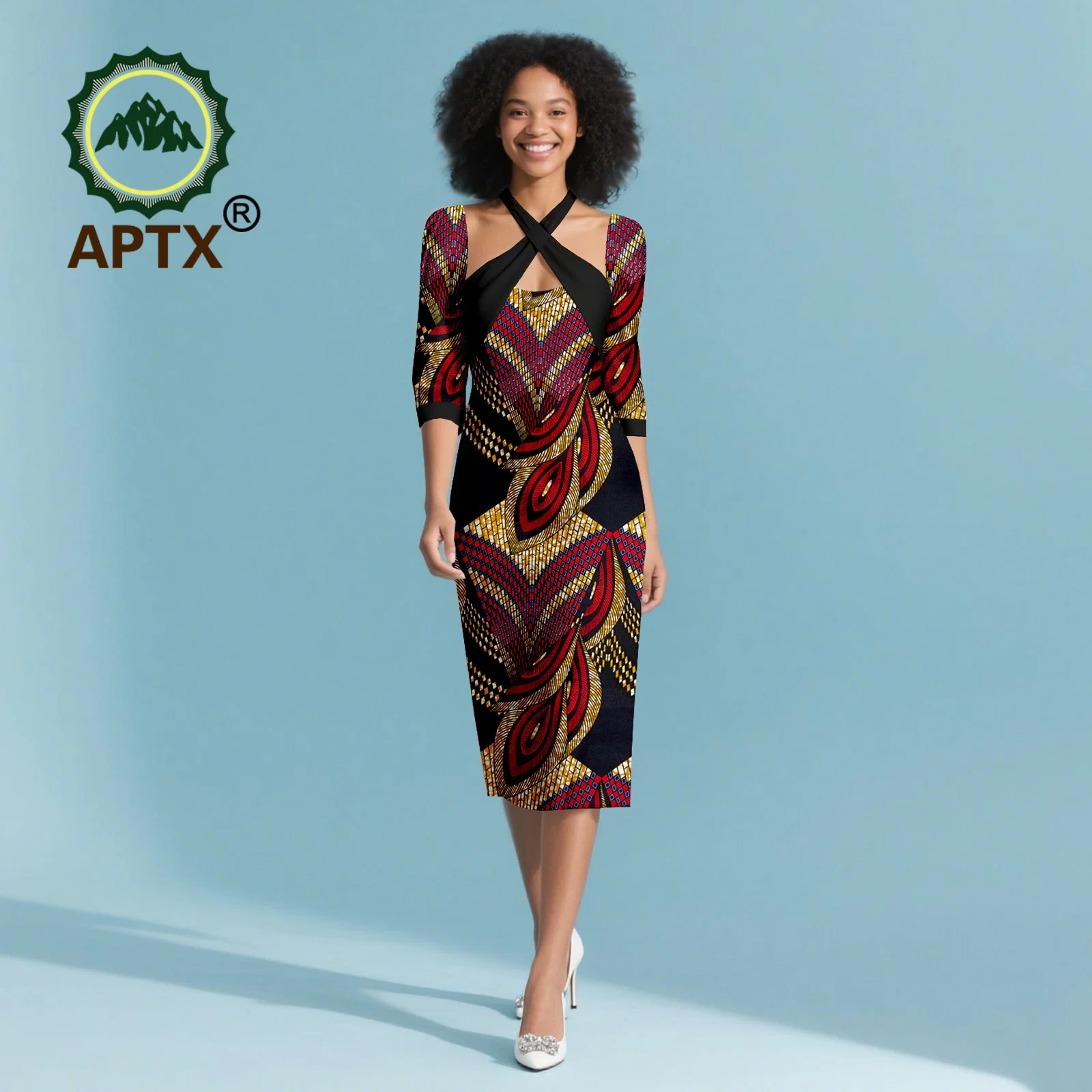 

African Dress for Women Ankara Print Women's V-Neck Half Sleeve Mid-Calf Patchwork Dress Dashiki Casual Party Attire