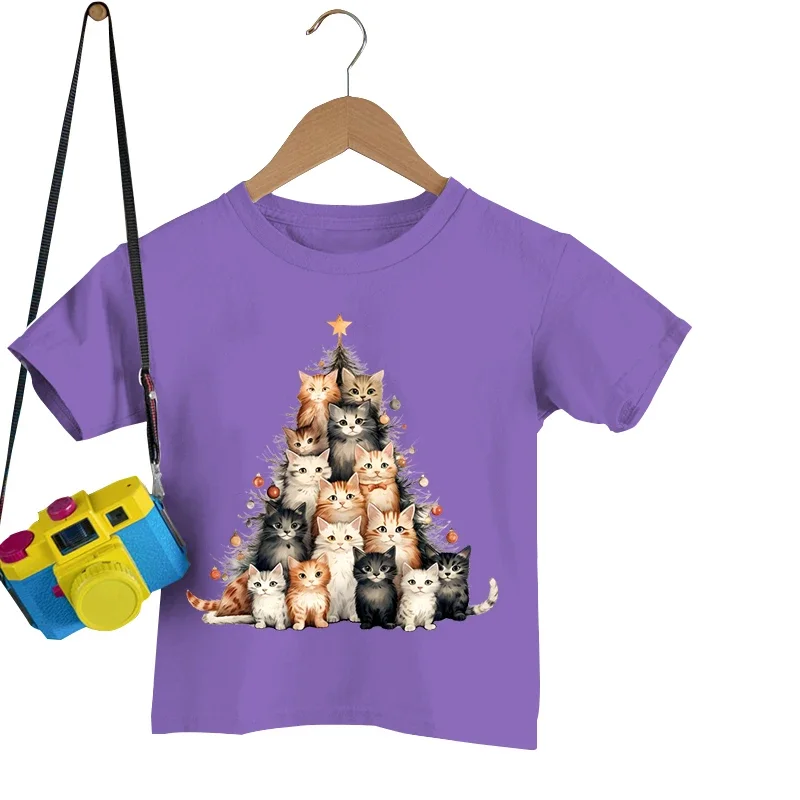 Christmas Cat Tree Print Children T-Shirt Kawaii Animal Kids Cartoon Tshirt Xmas Short Sleeve Clothes Girl Boy Tee Shirts Tops