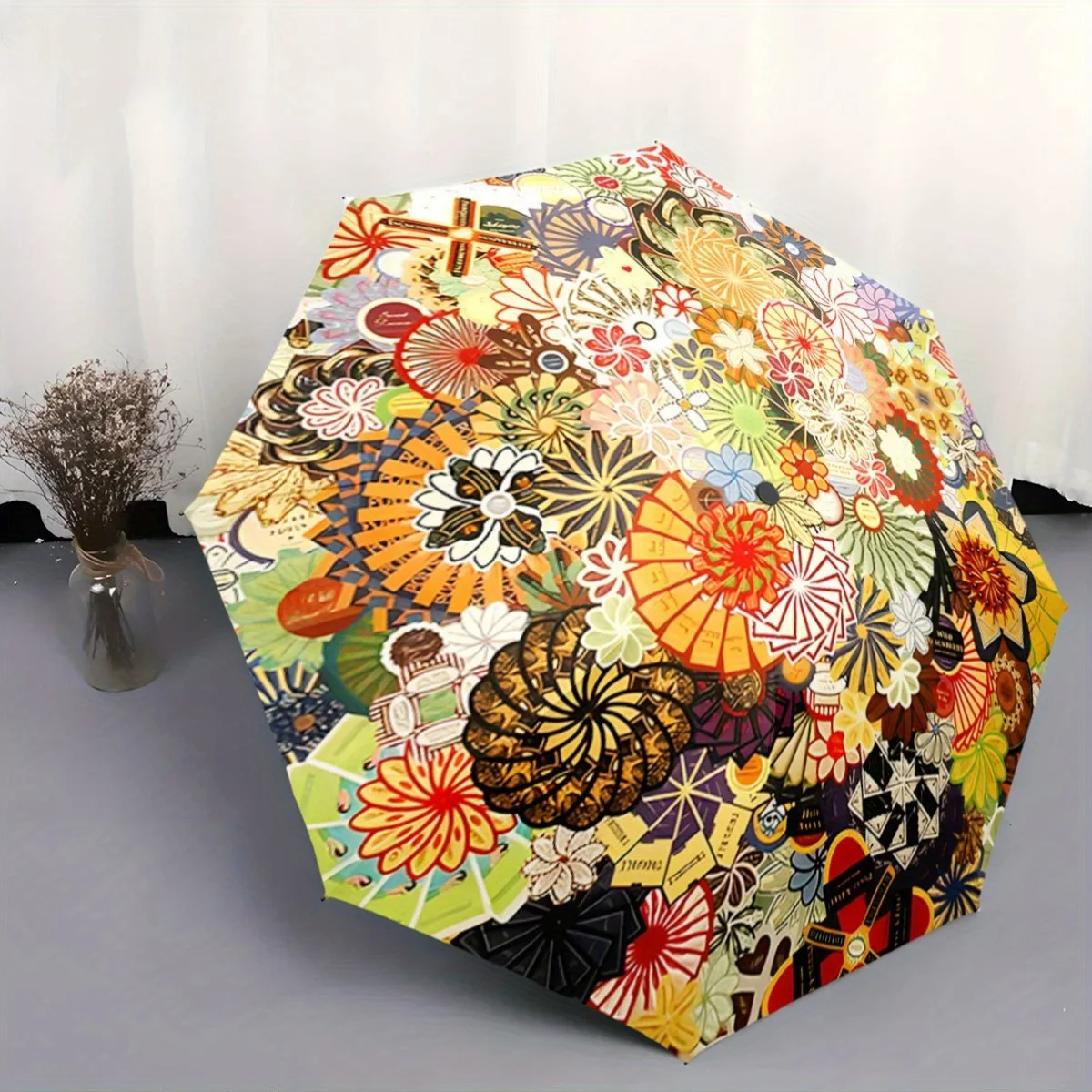 

Automatic Folding Umbrella with Vibrant Floral & Geometric Patterns - Portable Collapsible Design, 8-Rib Durable Frame, All-Se