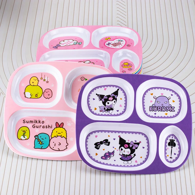 Kawaii Sanrio Plate Hello Kitty Kuromi My Melody Children Cartoon Cute Student Diamine Tableware Separate Anti-Fall Plate Girls