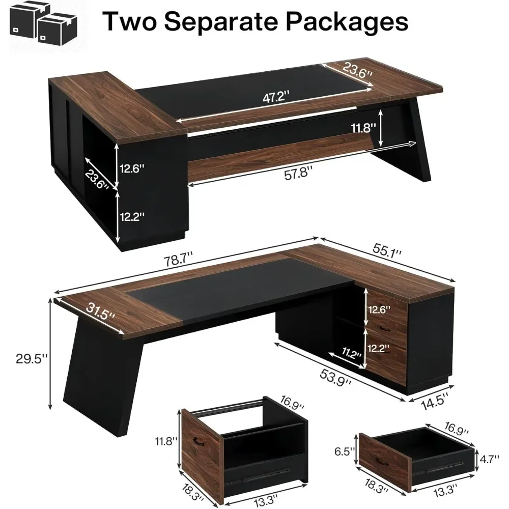 

78" L-Shaped Executive Desk, Office Desk with Drawers and Lateral File Cabinet, Business Furniture with Storage Shelves
