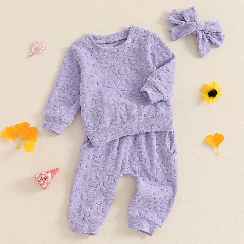 Toddler Baby Girl Pant Sets Fall Clothes Daisy Embroidery Long Sleeve Sweatshirt with Elastic Waist Pants Headband 3 Pcs Set