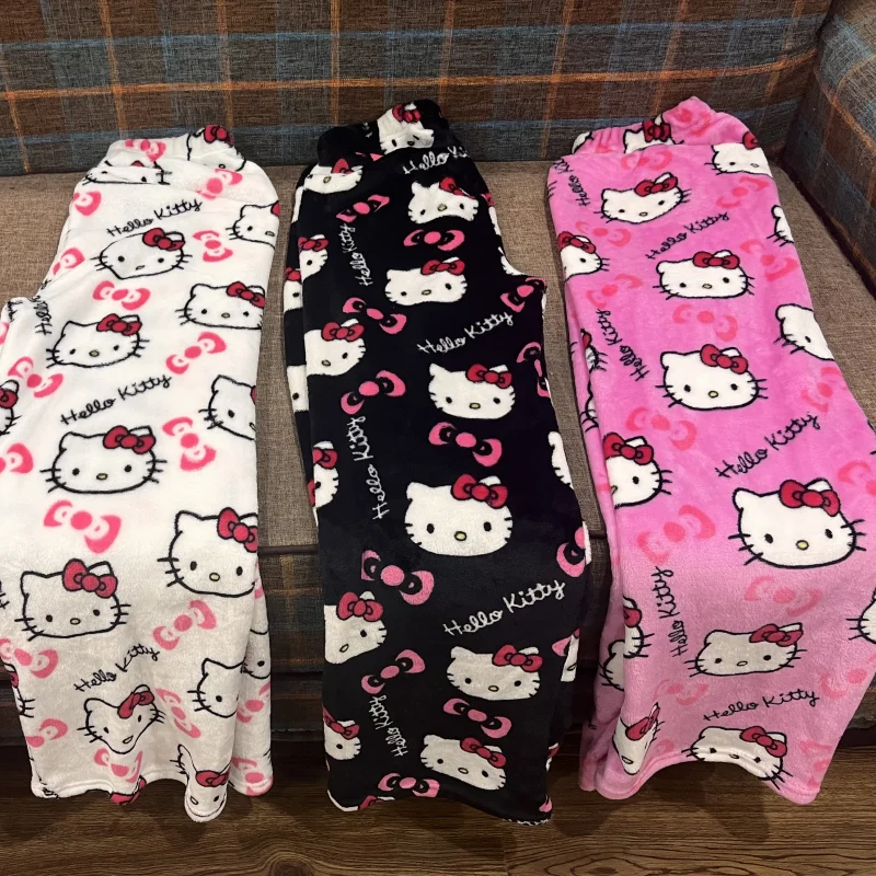 Anime Sanrio Hello Kitty Pajamas Black Flannel Women Kawaii Woolen White Cartoon Casual Home Pants Autumn Fashion Trousers Gift