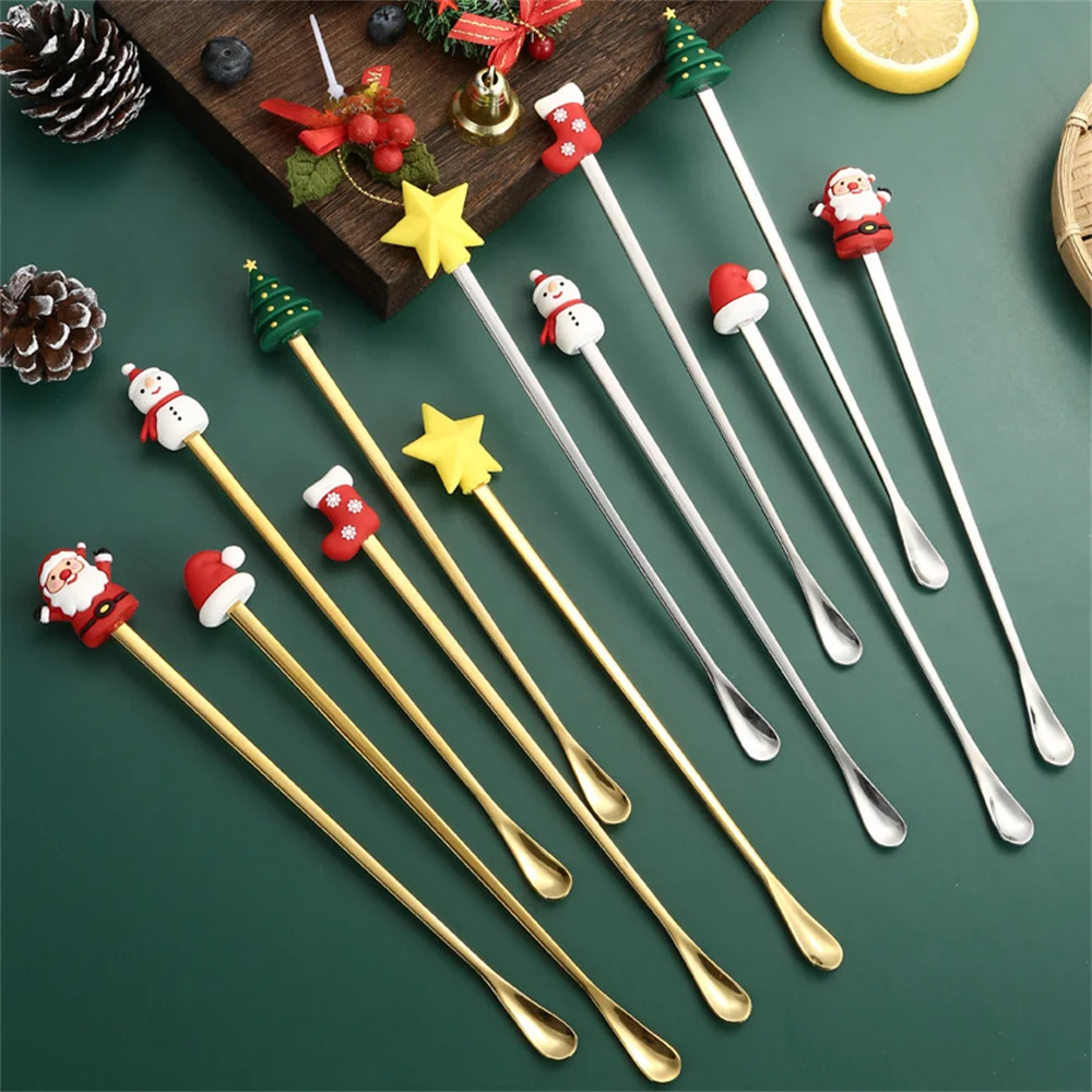 Long Handle Coffee Stirring Spoon Stainless Steel Santa Claus Dessert Tea Soup Stirring Spoon Creative Tableware Christmas Gift