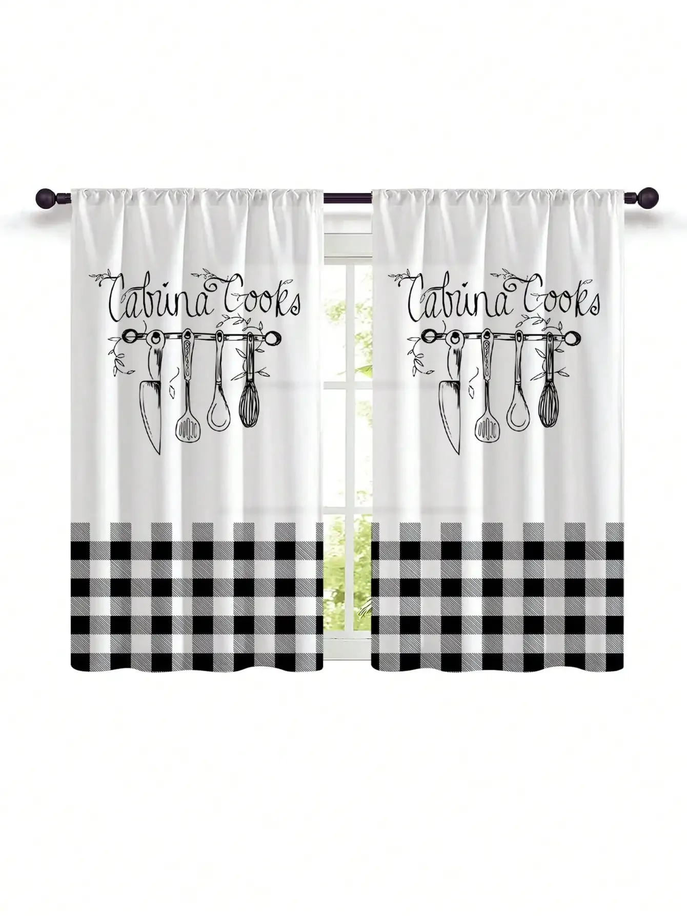 2Pcs Rustic Cooking Kitchen Utensils Plaid Curtains Farmhouse Country Window Treatment for Living Room Luxury Home Decoration