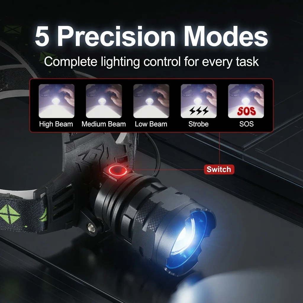 High Power LED Headlamp, Super Bright Rechargeable with Zoomable Focus, Long Range Head Flashlight for Mining, Fishing, Hunting