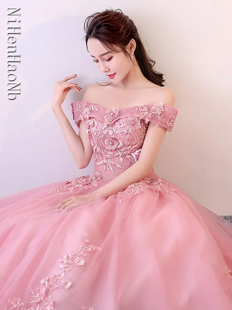 Vestidos De quinceañera con hombros descubiertos, apliques De cuentas, vestido De baile De graduación, Vestidos De baile De Mascarada hinchados, rojo y rosa